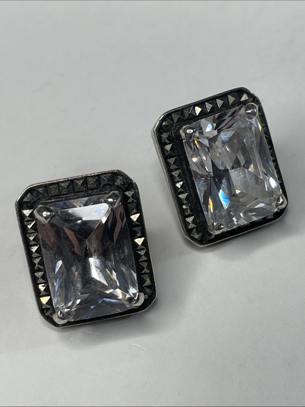 Vintage Silver Stud Earrings Faceted Clear Stone With Marcasite Halo Frame